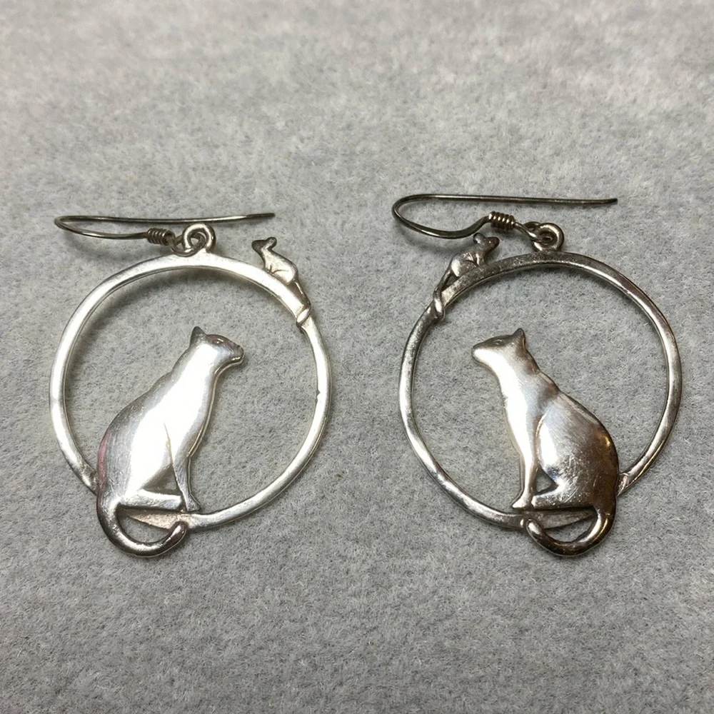 Solid Sterling Silver Full Moon Cat Earrings Vintage Goth Witch